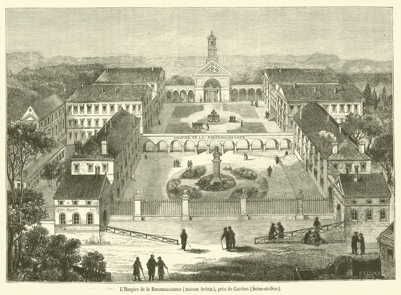 Hospice de la Reconnaissance, dům Brezin, poblíž Garches, Seine-et-Oise (rytina) od French School