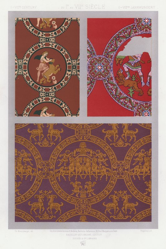 Ornament of the Fabrics: I-VIIth Century, od Ir do VIIth Century, I-VIItes Jahrhundert (barva lito) od French School
