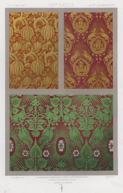 Ornament Of Fabrics: XIV. století, XIV. Siecle, XIVtes Jahrhundert (barevné lito) od French School
