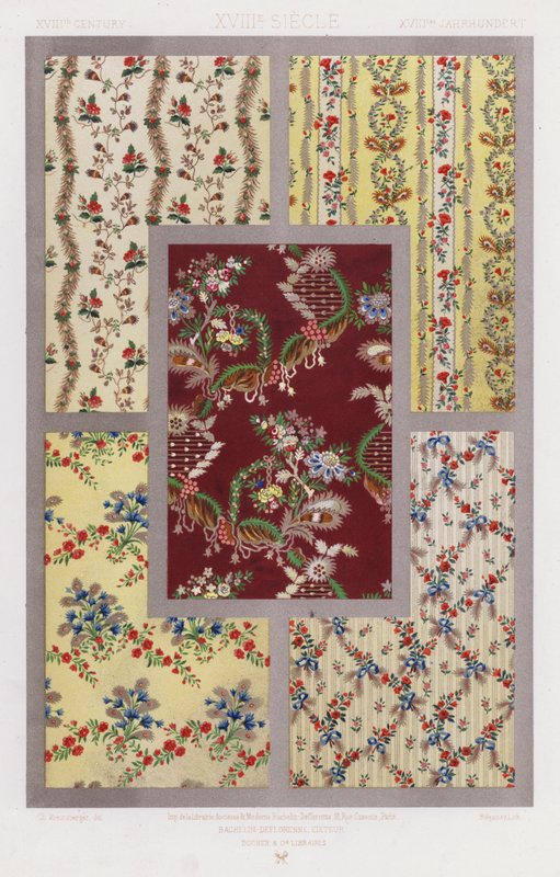 Ornament of Fabrics: XVIII. století, XVIIIe Siecle, XVIIItes Jahrhundert (barevné lito) od French School