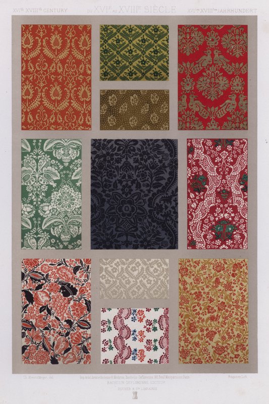 Ornament of Fabrics: XVI.-XVIII. století, od XVI. do XVIII. století, XVItes XVIIItes Jahrhundert (barevné lito) od French School