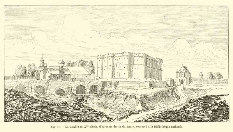 Bastila v 15. století, z dobové kresby, uchovávané v Národní knihovně od French School