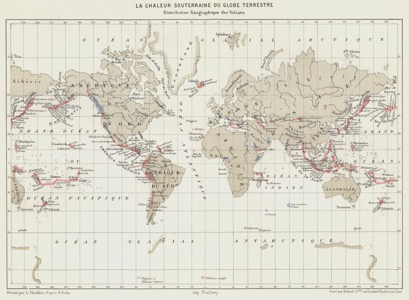 Podzemní teplo Země, geografické rozložení sopek (barevná litografie) od French School