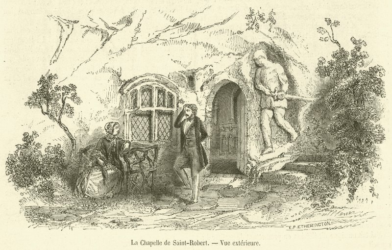 Kaple Saint-Robert, vnější pohled (rytina) od French School