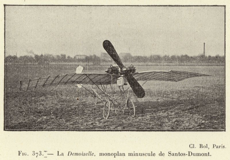 La Demoiselle, malý jednoplošník od Santose-Dumonta (rytina) od French School