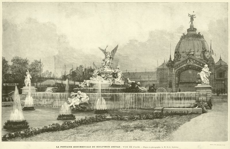 Monumentální fontána sochaře Coutana, čelní pohled, podle fotografie M H-C Godefroye (rytina) od French School