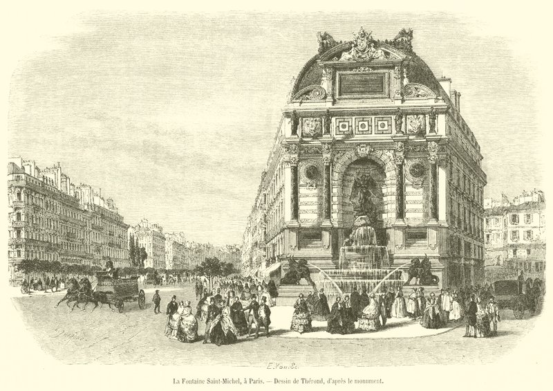 Fontána Saint-Michel, v Paříži (rytina) od French School