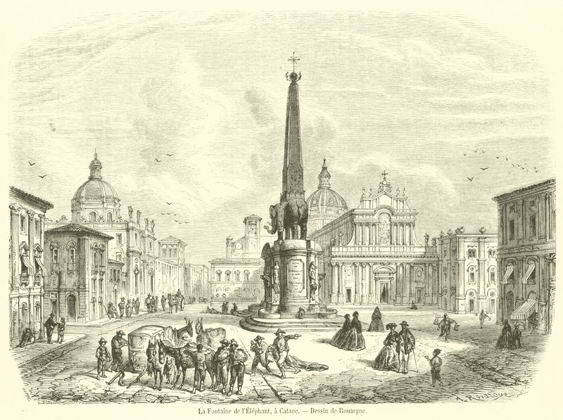Fontána slona, ​​v Catanii (rytina) od French School