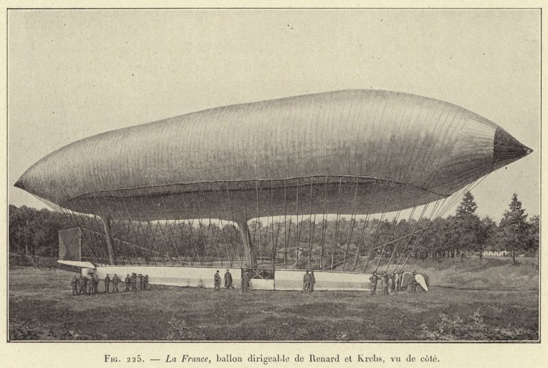 Francie, řiditelný balón Renarda a Krebse, při pohledu ze strany (rytina) od French School