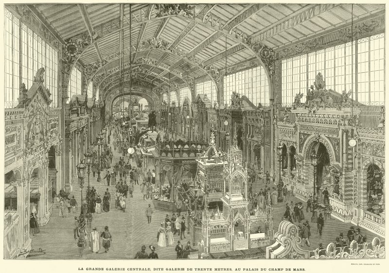 Velká centrální galerie, známá jako třicetimetrová galerie, v Palais du Champ de Mars (rytina) od French School