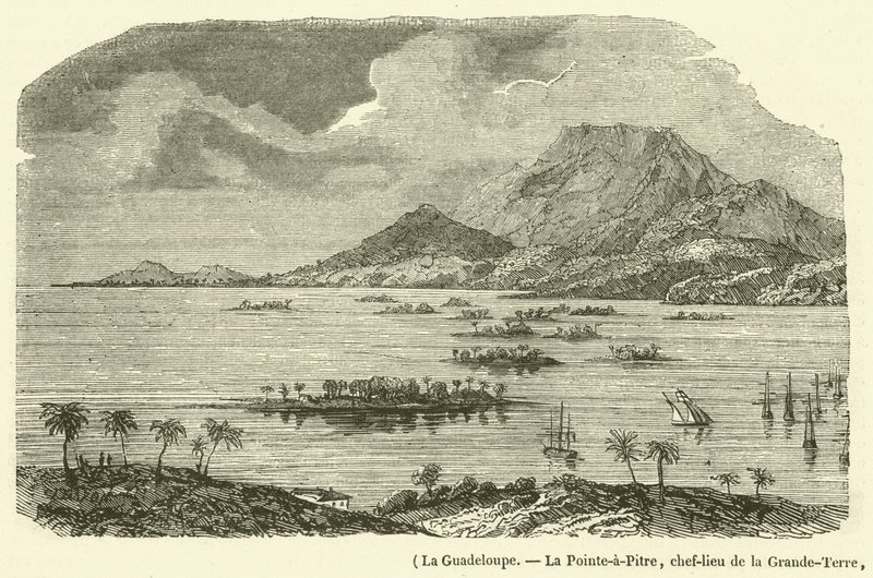 Guadeloupe, La Pointe-a-Pitre, hlavní město Grande-Terre, částečně zničené zemětřesením 8. února 1843 (rytina) od French School