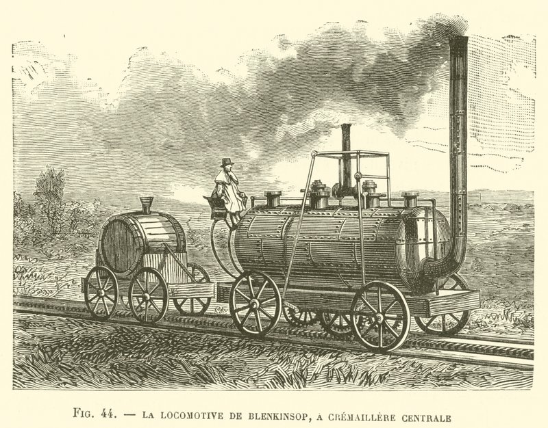 Lokomotiva Blenkinsop, v Cremaillere Centrale (rytina) od French School