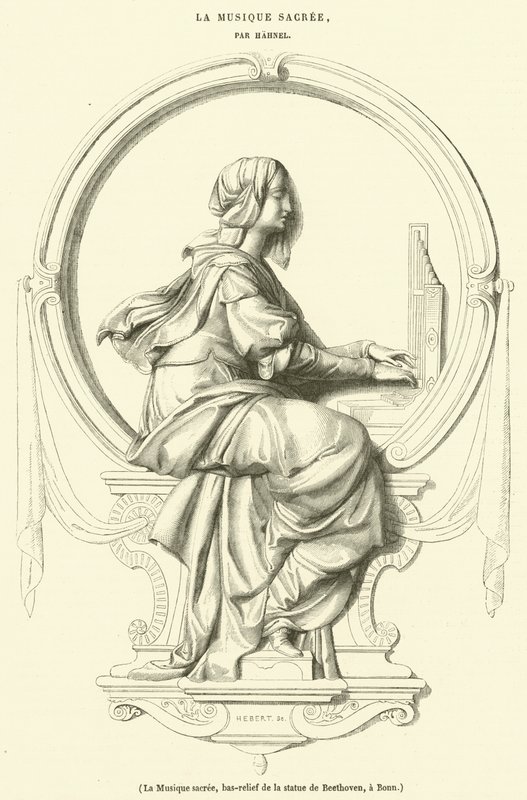 Posvátná hudba, basreliéf sochy Beethovena, v Bonnu (rytina) od French School
