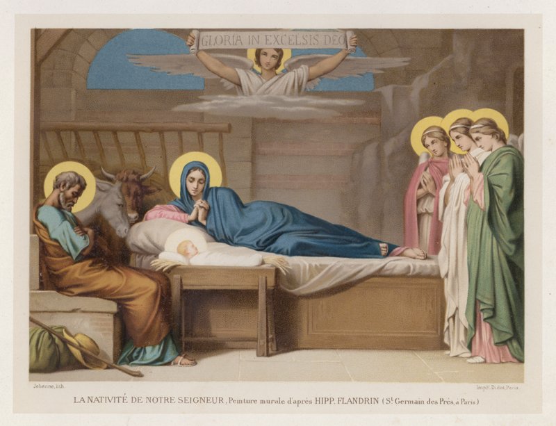 Narození našeho Pána, Nástěnná malba podle Hippa Flandrina, St Germain des Pres, v Paříži (chromolitho) od French School