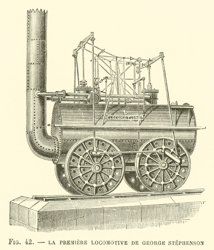 La Premiere Locomotive de George Stephenson (rytina) od French School