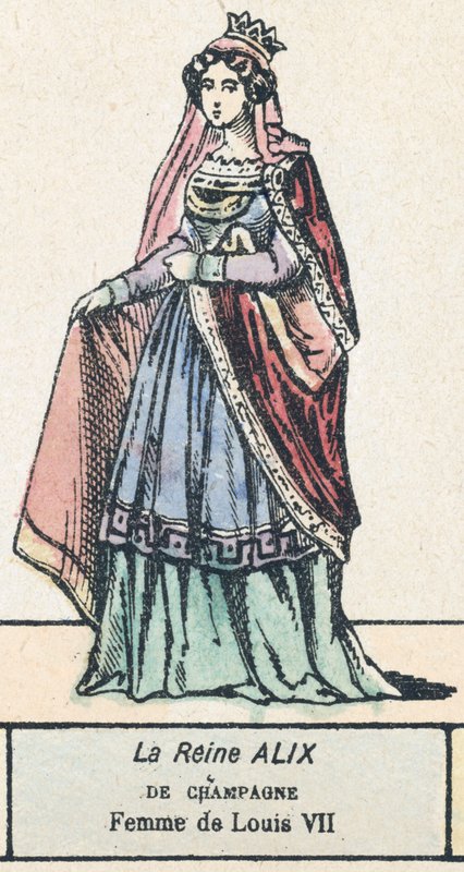 Královna Alix ze Champagne, manželka Ludvíka VII. (barevná rytina) od French School