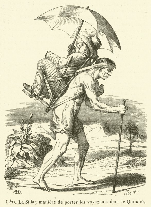 La Silla; způsob přepravy cestujících v Quindiu (rytina) od French School