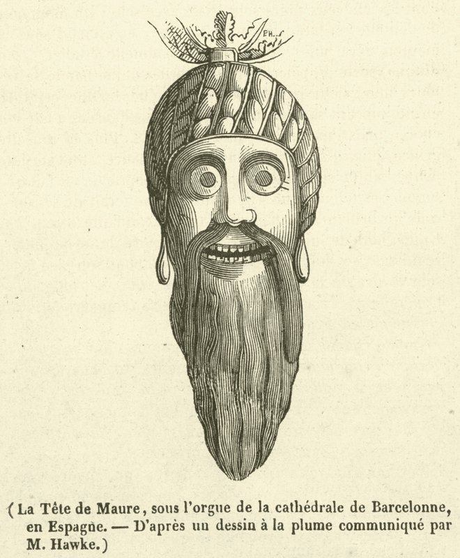 La Tete de Maure, pod varhany katedrály v Barceloně, ve Španělsku (rytina) od French School