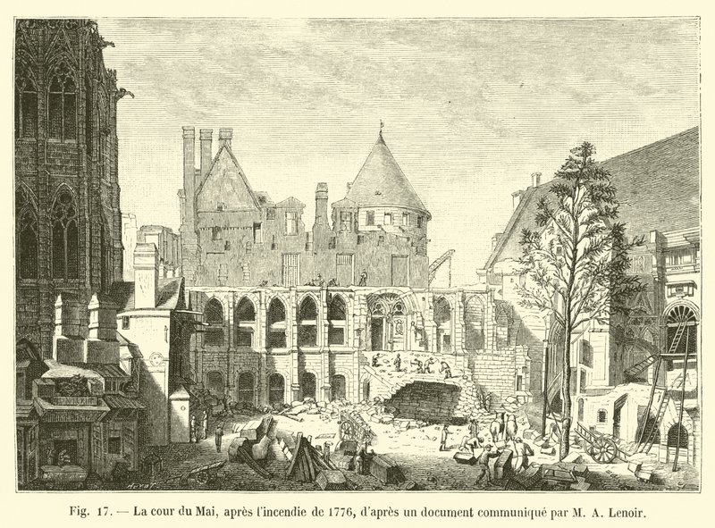 Cour du Mai, po požáru v roce 1776, podle dokumentu sděleného M A Lenoirem od French School