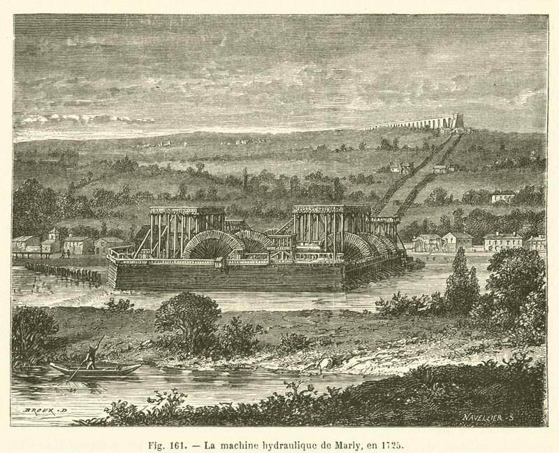 Hydraulický stroj Marly, v roce 1725 (rytina) od French School