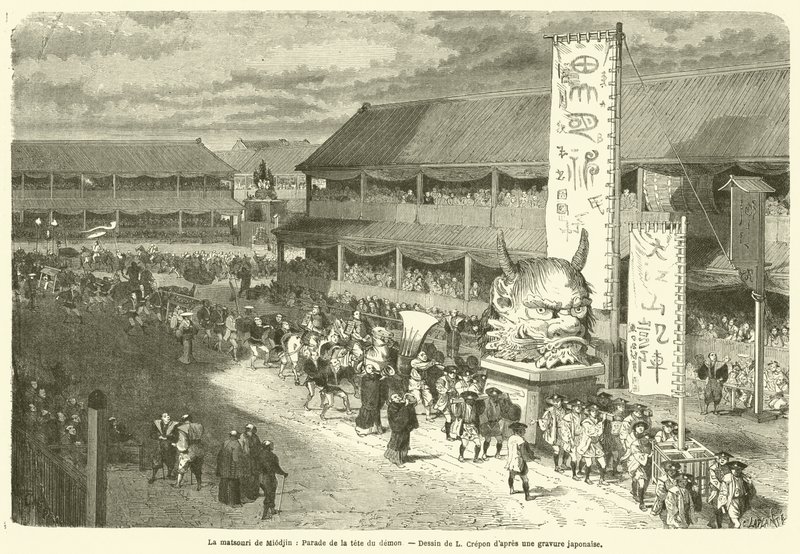 Matsouri z Miodjinu, přehlídka hlavy démona (rytina) od French School