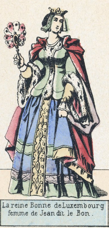 Lucemburská královna Bonne, manželka Jean dit le Bon (barevná rytina) od French School