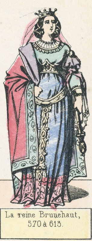 Queen Brunhild, 570 až 613 (barevné rytí) od French School