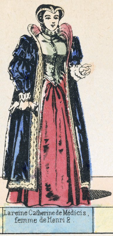 Královna Catherine de Medici, manželka Jindřicha 2 (barevná rytina) od French School