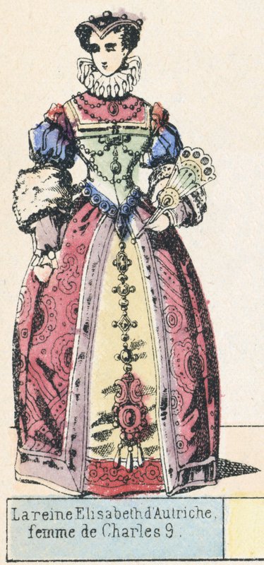 Královna Alžběta Rakouská, manželka Karla 9 (barevná rytina) od French School