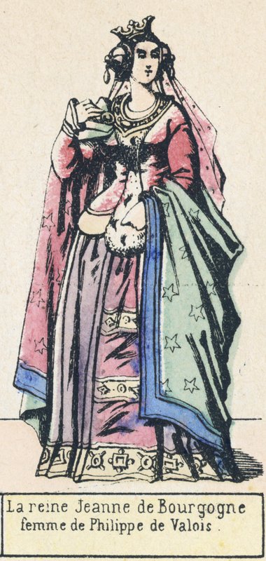 Královna Johanka Burgundská, manželka Philippe de Valois (barevná rytina) od French School