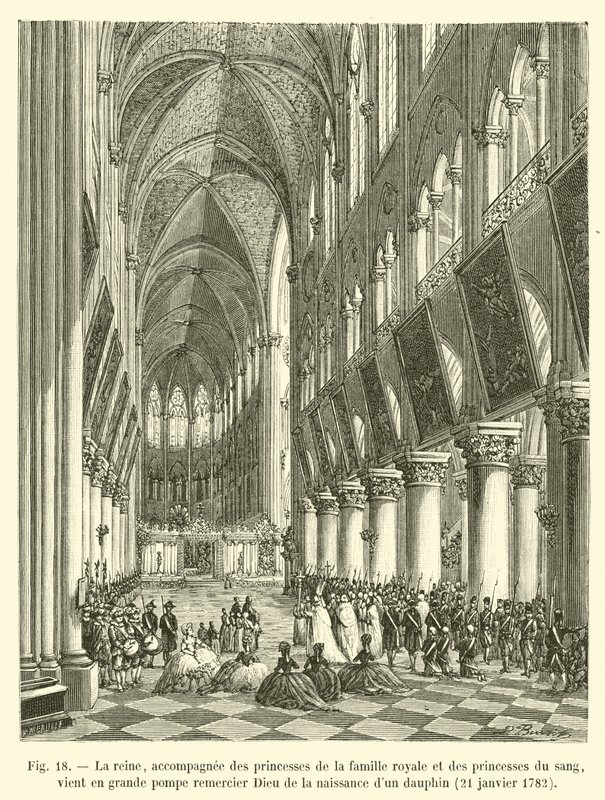 Královna, doprovázená princeznami královské rodiny a princeznami krve, přichází s velkou pompou poděkovat Bohu za narození dauphina, 21. ledna 1782 od French School