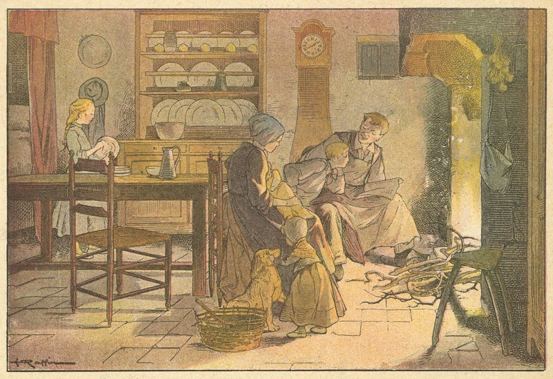 Rodinný večer (barevná litografie) od French School