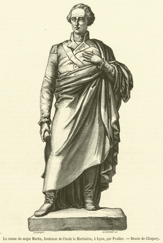 Socha majora Martina, zakladatele školy Martiniere, v Lyonu (rytina) od French School