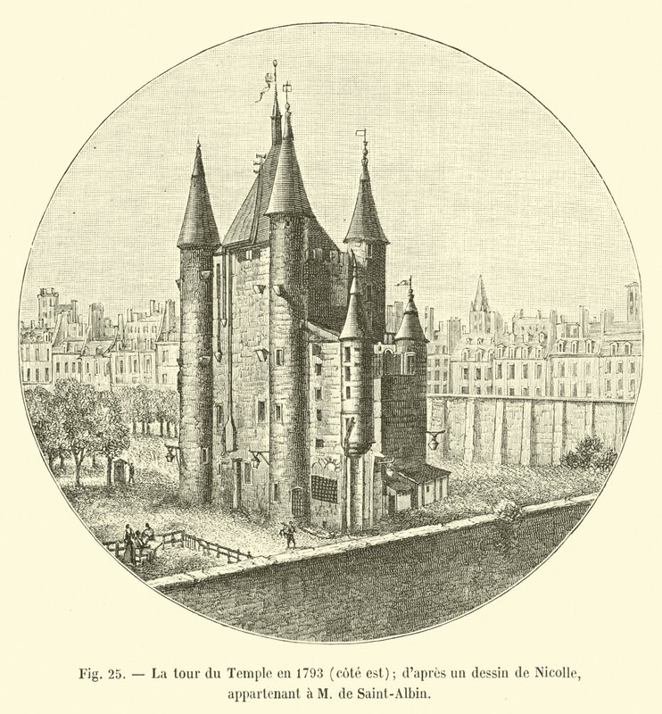 Věž chrámu v roce 1793, východní strana; z kresby Nicolle; patřící M de Saint-Albin od French School