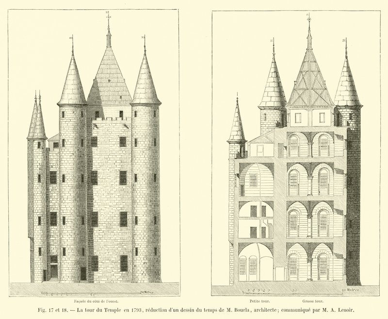 Věž chrámu v roce 1793, zmenšení kresby z doby M. Bourly, architekta; sdělil M A Lenoir od French School