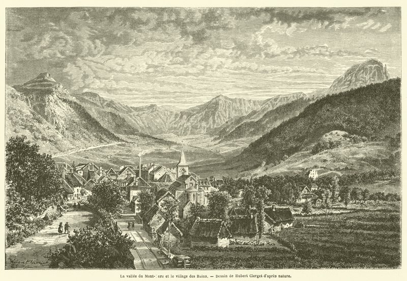 Údolí Mont-Dore a vesnice Les Bains (rytina) od French School