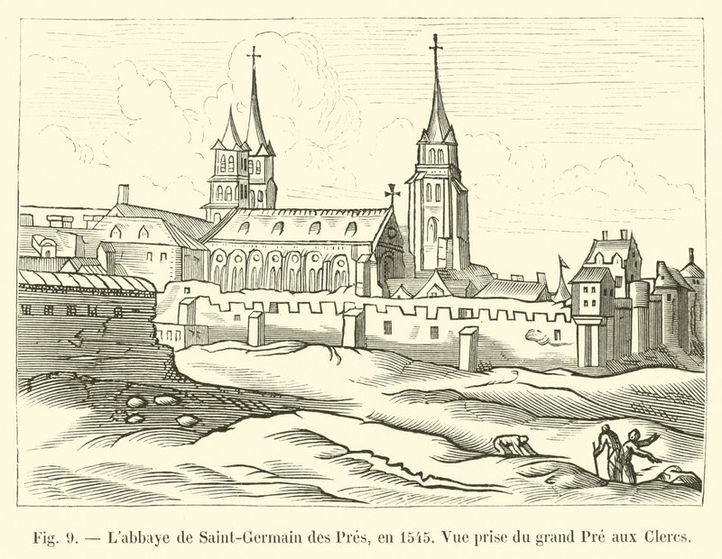 Opatství Saint-Germain des Pres, v roce 1545, pohled z Grand Pre aux Clercs od French School