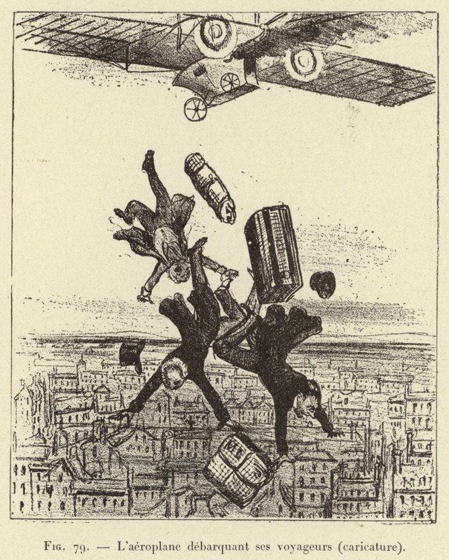 Letadlo vyloďující své cestující (karikatura) (rytina) od French School