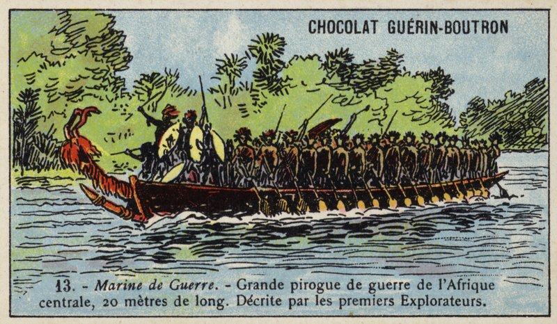 Velká středoafrická válečná kánoe (chromolitho) od French School