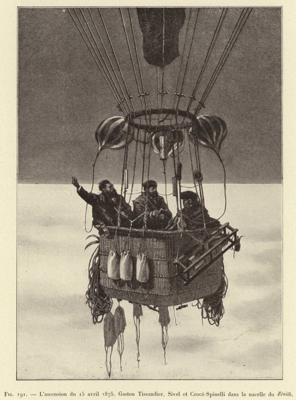 Výstup 15. dubna 1875, Gaston Tissandier, Sivel a Croce-Spinelli v koši Zenith (rytina) od French School
