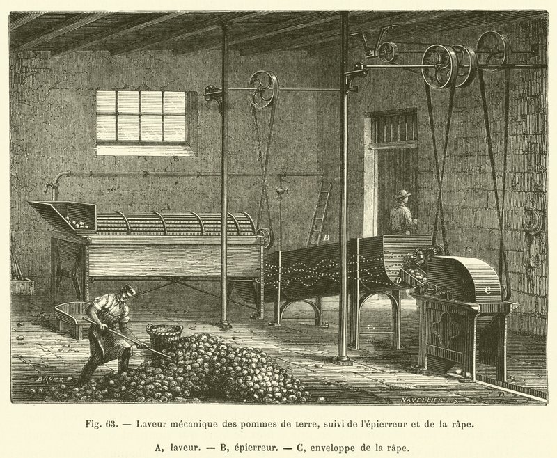Mechanická myčka brambor, následovaná odkapávačem a struhadlem (rytí) od French School