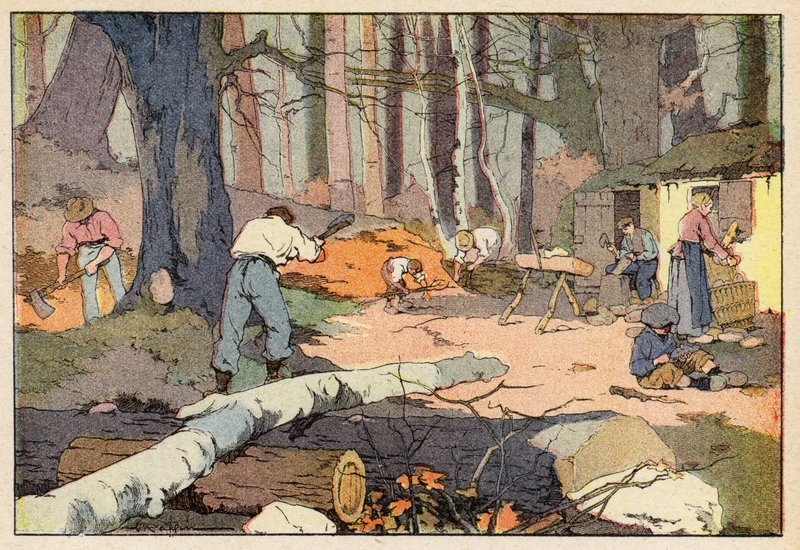 Le Bucheron, Le Sabotier, Dřevorubec, Výrobce dřeváků (barevné lito) od French School