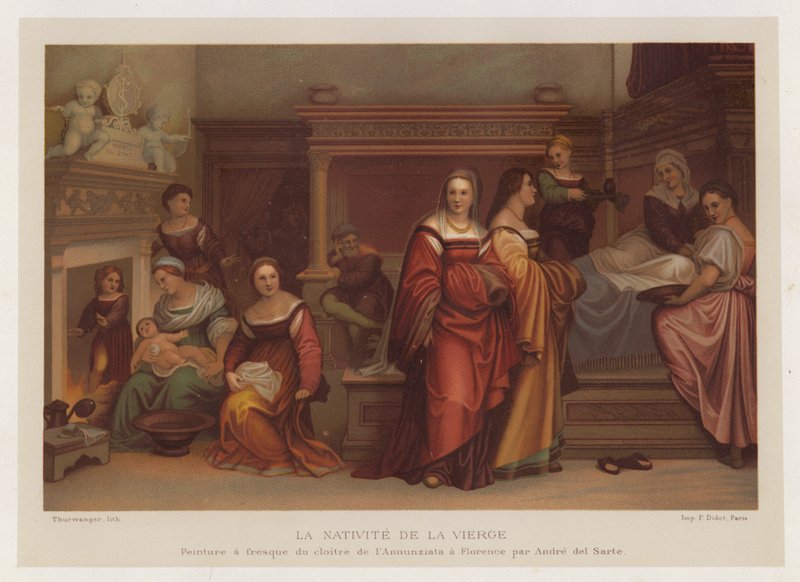 Narození Panny Marie, freska z ambitu Annunziata ve Florencii od Andre del Sarte (chromolitho) od French School