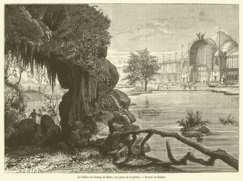 Palais du Champ de Mars, pohled z jeskyně (rytina) od French School