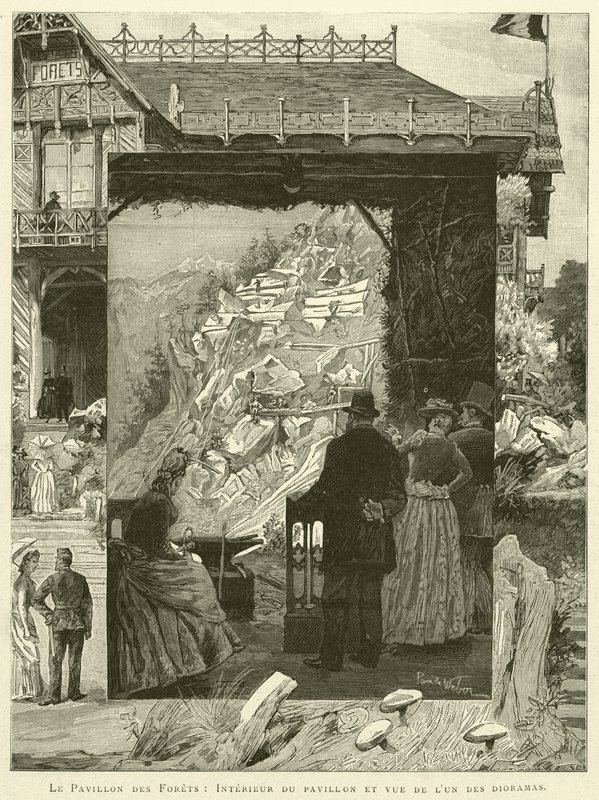 Le Pavillon des Forets, interiér pavilonu a pohled na jedno z dioramat (rytina) od French School