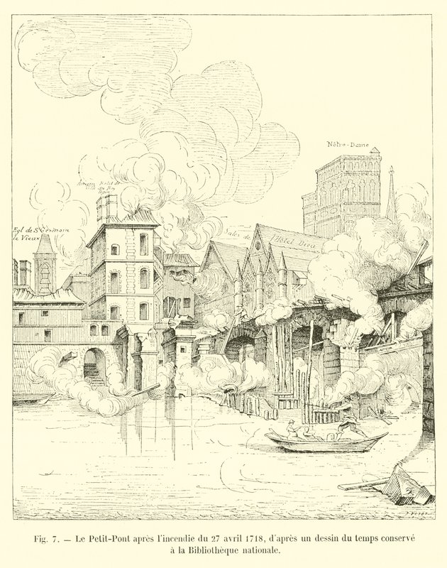 Petit-Pont po požáru 27. dubna 1718 z dobové kresby uchovávané v Národní knihovně od French School