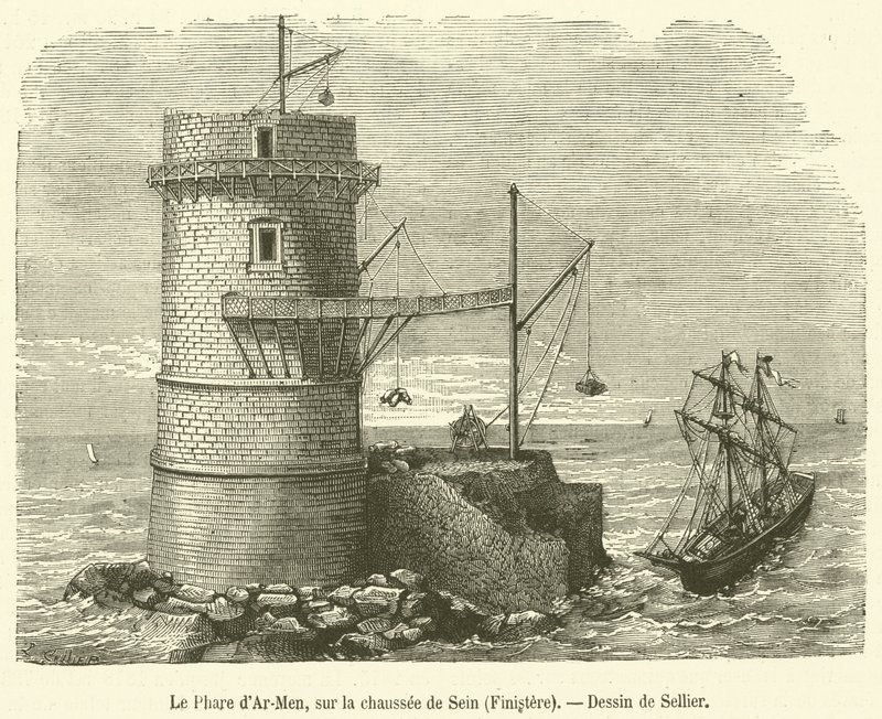 Maják Ar-Men, na Chaussée de Sein, Finistere (rytina) od French School