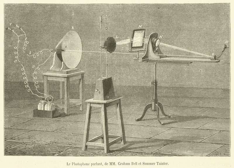 The Talking Photophone, pánové Graham Bell a Summer Tainter (rytina) od French School