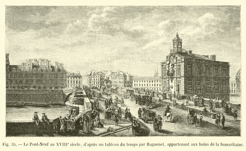 Pont-Neuf v 18. století, podle malby z té doby od Ragueneta, patřící k lázním Samaritaine od French School