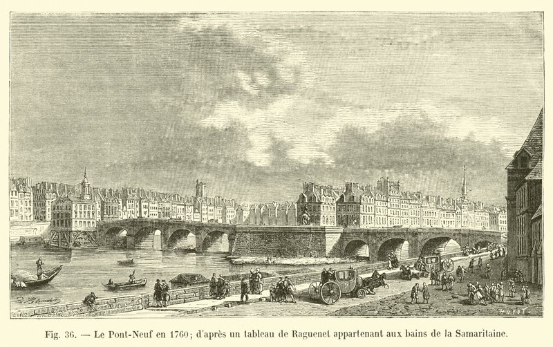 Pont-Neuf v roce 1760, podle malby od Ragueneta patřící k lázním Samaritaine od French School